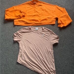Gym shark Orange Cropped Sweatshirt and Tan T-Shirt Set. Size L